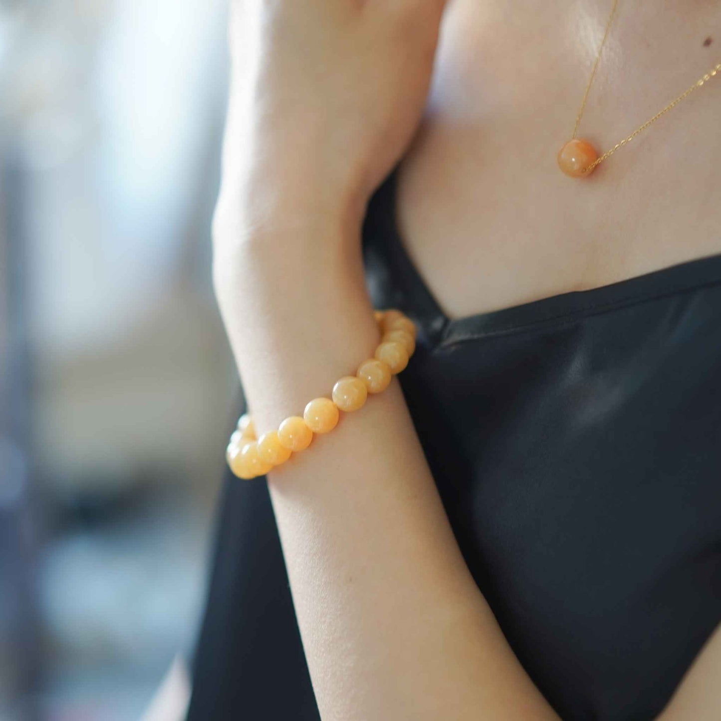 Tangerine Glow Amber Beaded Jade Bracelet