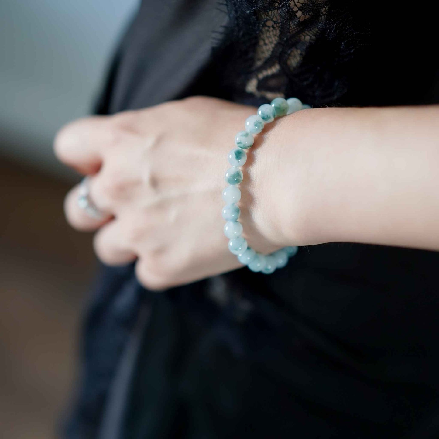 Moss in Snow Blue Beaded Jade Bracelet