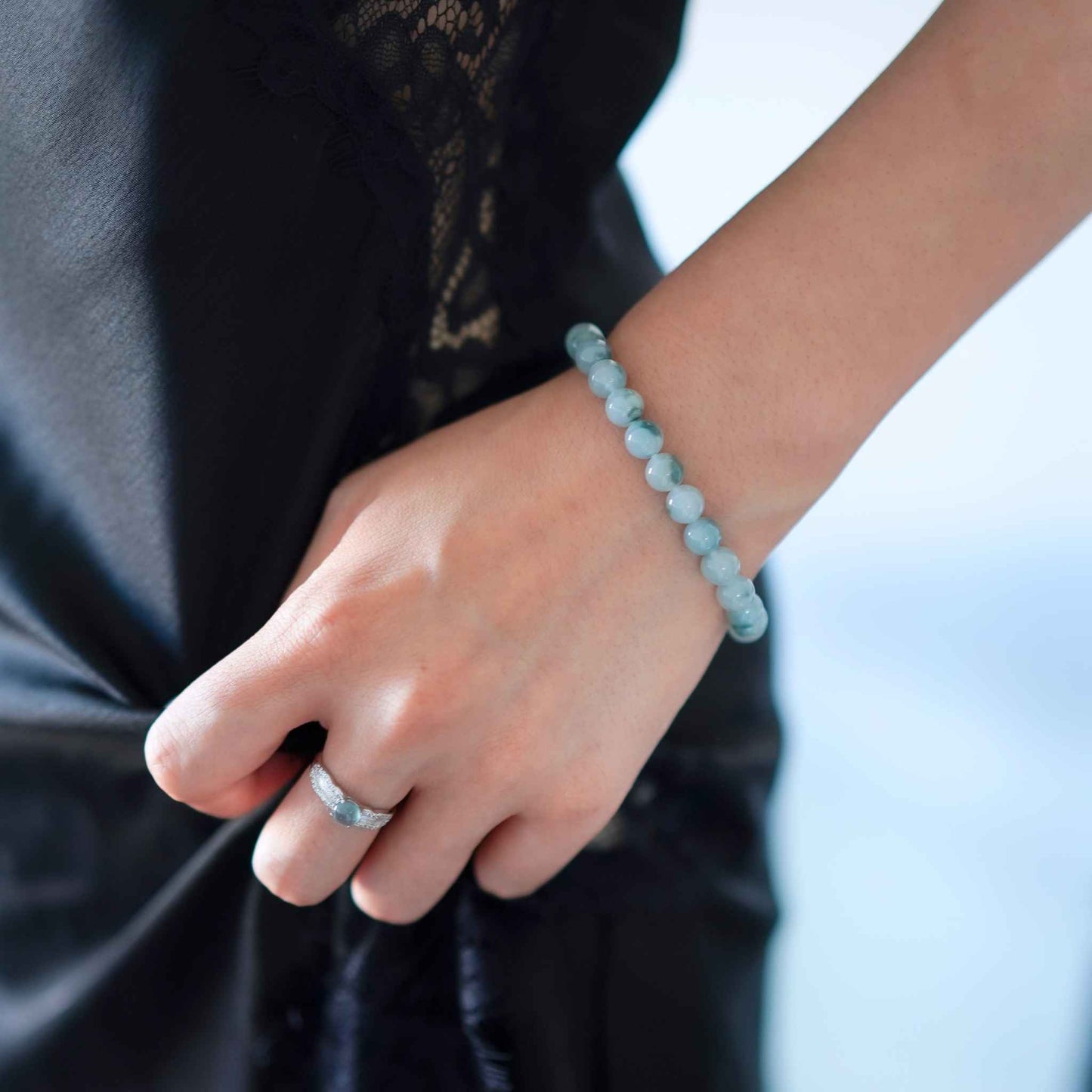 Moss in Snow Blue Beaded Jade Bracelet